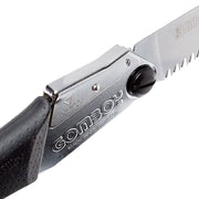 Discover the versatile Gomboy Medium-Tooth Folding Silky Saw for pruning, carpentry, and on-the-go tasks. Enjoy smooth, quick cuts with its hollow ground blades and rust prevention. Conveniently store it in the hinged carrying case. Experience superior grip, even in wet conditions, thanks to the special Gom rubber formula. Visit Mower City Albury today! close up