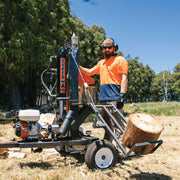 SuperX 3100 Wood Splitter - for small farms or households, it's the ultimate solution for splitting firewood easily. Featuring a genuine 6hp Honda engine and innovative design, it effortlessly splits Australian hardwood. It is covered by a 2-year warranty for added peace of mind. Purchase at Mower City - Albury Wodonga. in-action