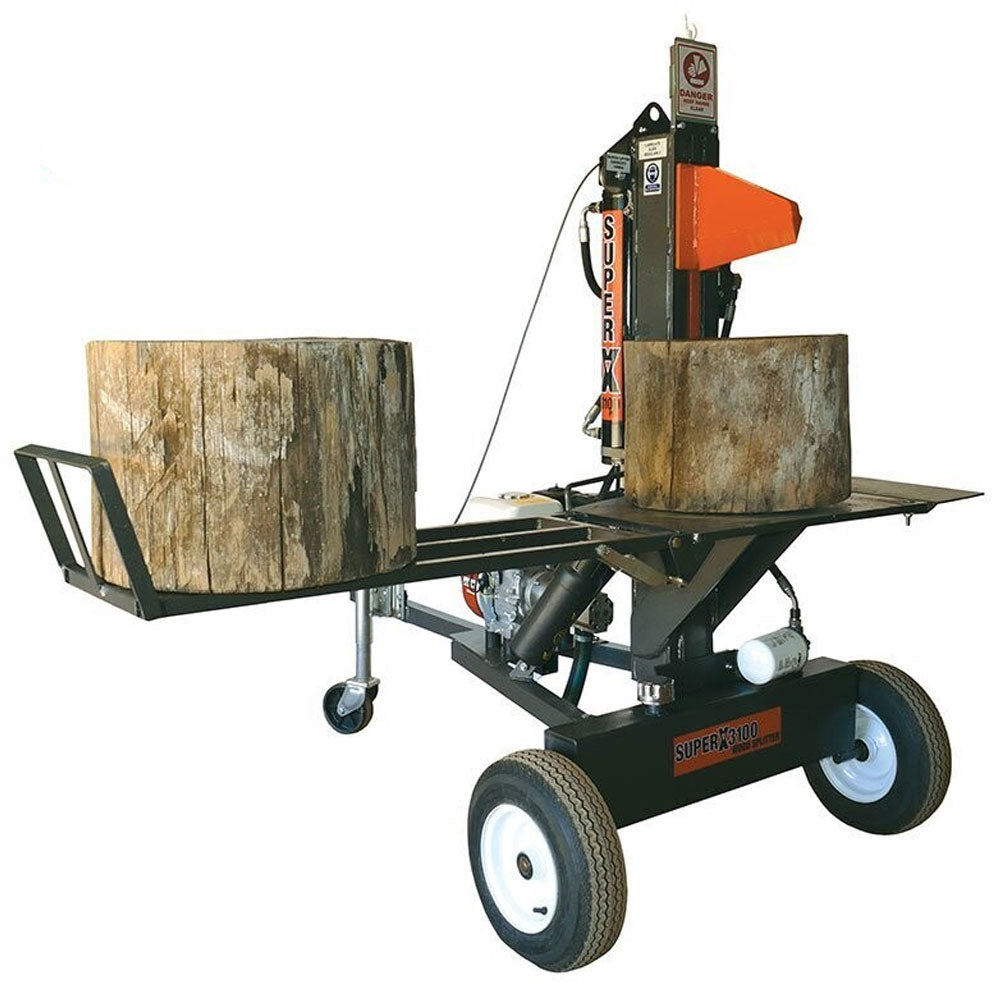 SuperX 3100 Wood Splitter - for small farms or households, it's the ultimate solution for splitting firewood easily. Featuring a genuine 6hp Honda engine and innovative design, it effortlessly splits Australian hardwood. It is covered by a 2-year warranty for added peace of mind. Purchase at Mower City - Albury Wodonga. 