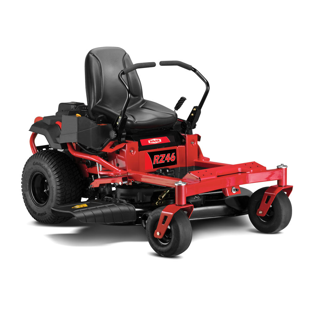 The Rover Zero Turn RZ46 . New generation zero turn Ride On Mower-up to 5 acres. Dual independent rear transmissions allow a 360 degree "zero" turning radius, turn around on the spot and go back! Stretch out your legs & enjoy the ride. Tubular frame for easy engine access, flip-up floor pan-easy assess to belts.123